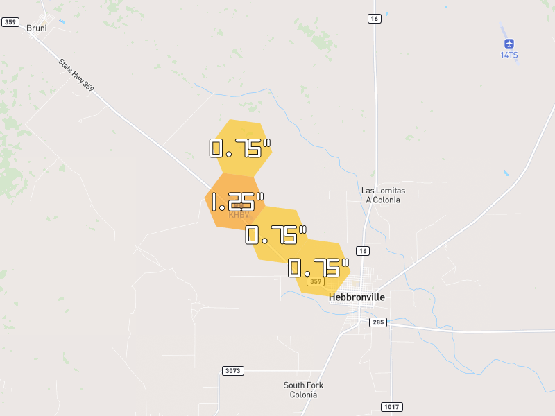 Hail map of Hebbronville, TX on Jul 7, 2026, hail up to 1.25"