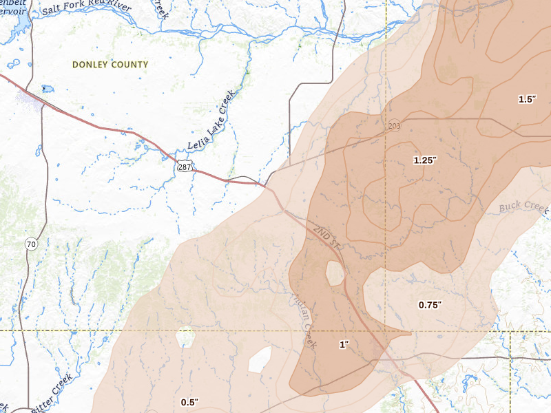 Radar-estimated hail-size map of the storm over Hedley, TX on Mar 5, 2026