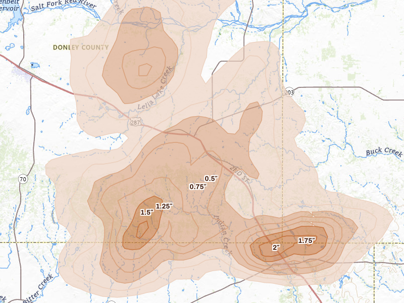 Radar-estimated hail-size map of the storm over Hedley, TX on Mar 30, 2026