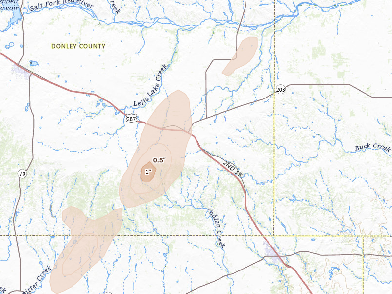 Radar-estimated hail-size map of the storm over Hedley, TX on Jun 29, 2026