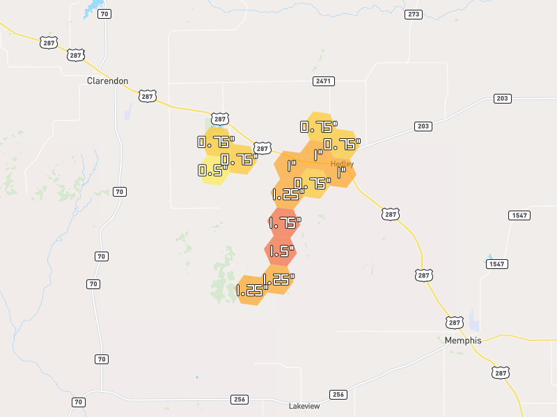 Hail map of Hedley, TX on Jun 29, 2026, hail up to 1.75"