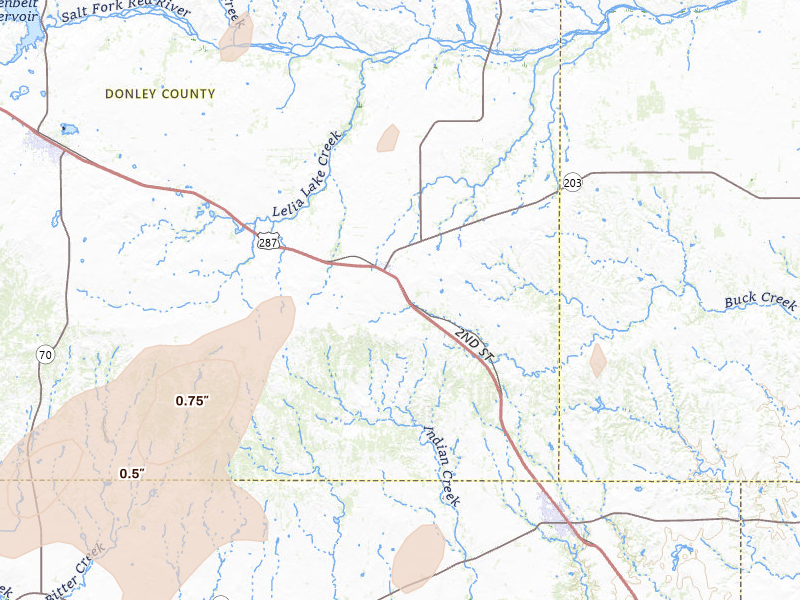 Radar-estimated hail-size map of the storm over Hedley, TX on Jul 1, 2026
