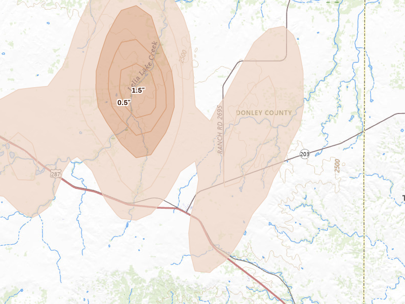 Radar-estimated hail-size map of the storm over Hedley, TX on Aug 13, 2026