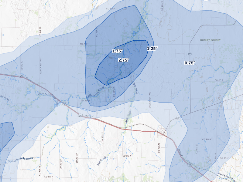 NEXRAD radar-signature map of the hail storm over Hedley, TX on Aug 13, 2026