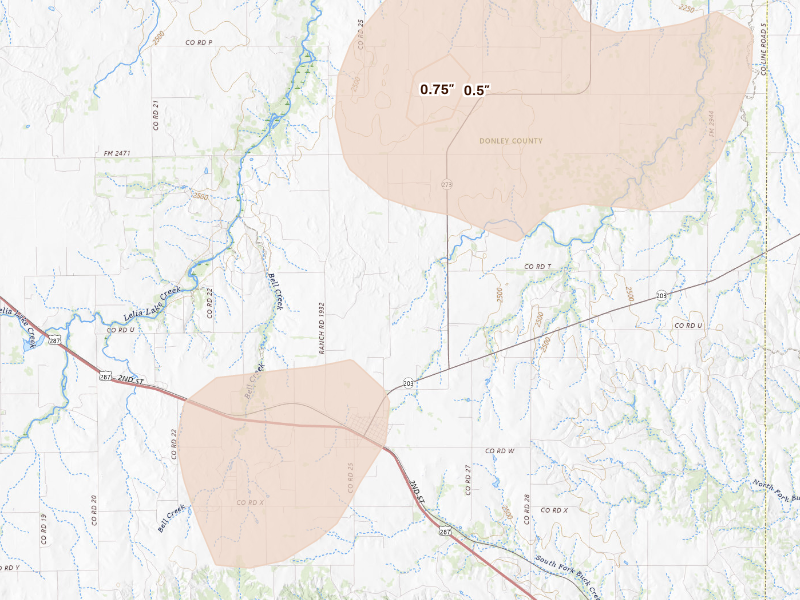 Radar-estimated hail-size map of the storm over Hedley, TX