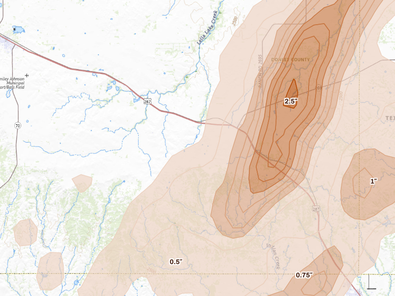 Radar-estimated hail-size map of the storm over Hedley, TX