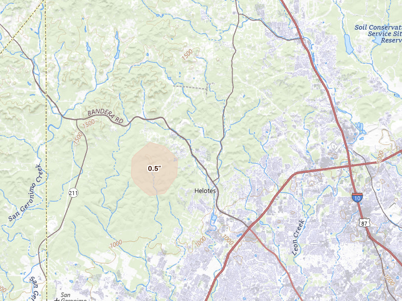 Radar-estimated hail-size map of the storm over Helotes, TX on Aug 27, 2026