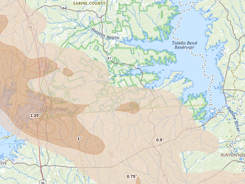 Radar-estimated hail-size map of the storm over Hemphill, TX on Mar 15, 2026
