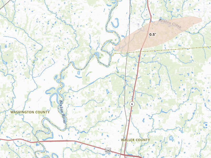 Radar-estimated hail-size map of the storm over Hempstead, TX on May 7, 2026