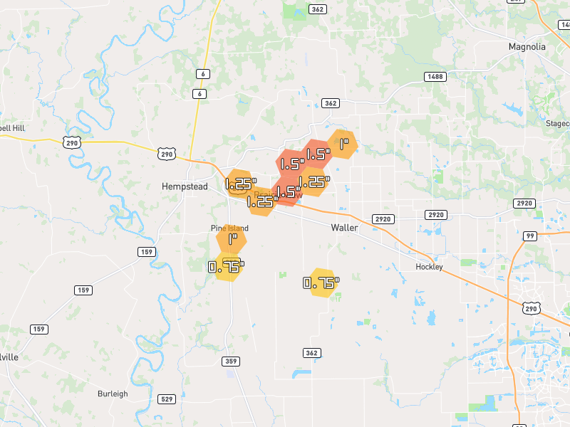 Hail map of Hempstead, TX on Jun 2, 2026, hail up to 1.5"