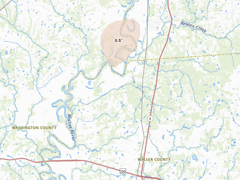 Radar-estimated hail-size map of the storm over Hempstead, TX on Jul 22, 2026