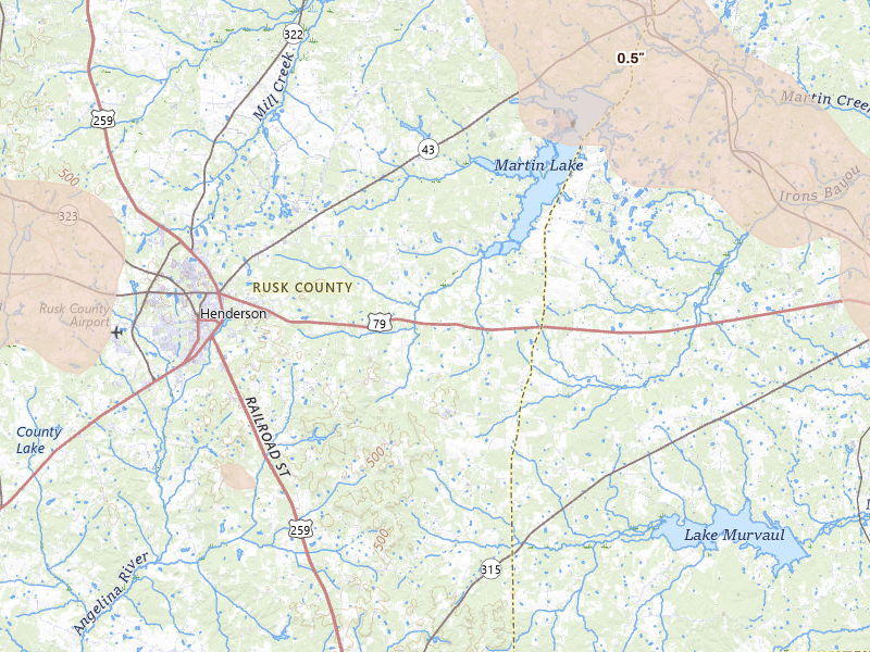 Radar-estimated hail-size map of the storm over Henderson, TX on Mar 15, 2026