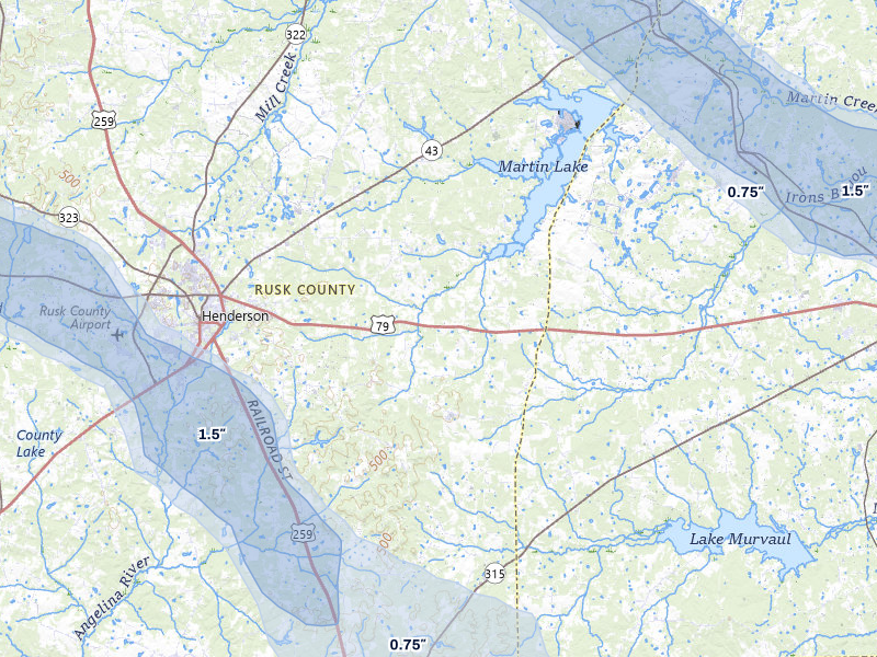 NEXRAD radar-signature map of the hail over Henderson, TX