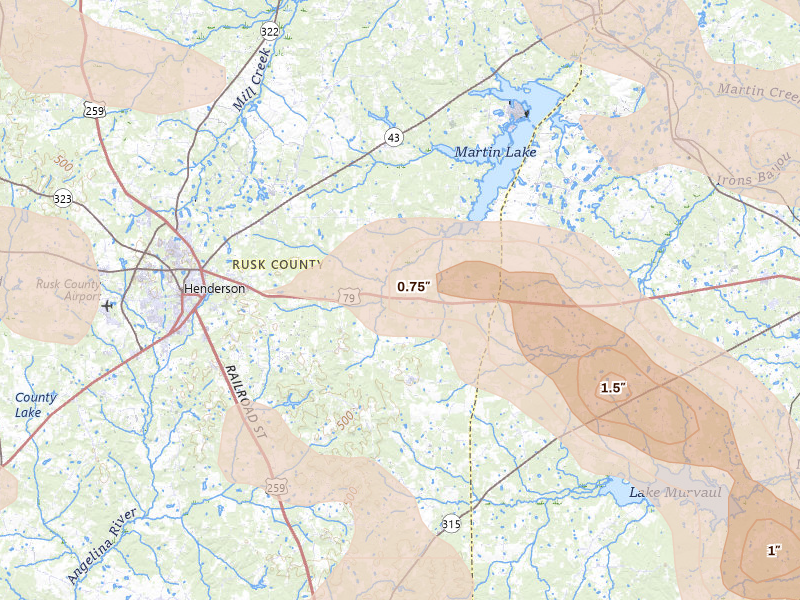Radar-estimated hail-size map of the storm over Henderson, TX on Apr 24, 2026