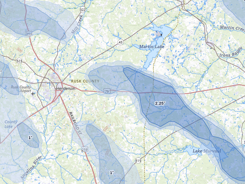 NEXRAD radar-signature map of the hail over Henderson, TX