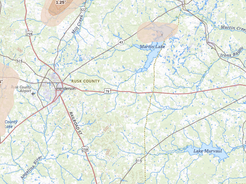 Radar-estimated hail-size map of the storm over Henderson, TX on May 22, 2026