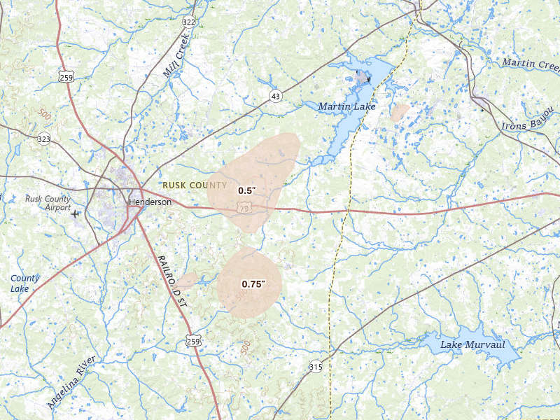 Radar-estimated hail-size map of the storm over Henderson, TX on Jun 2, 2026