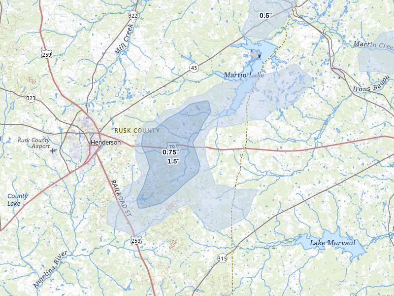 NEXRAD radar-signature map of the hail over Henderson, TX
