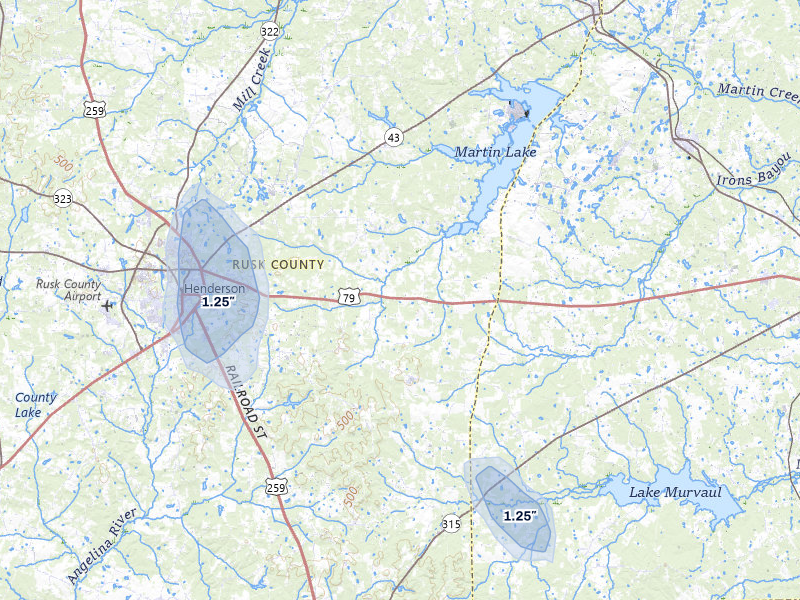 NEXRAD radar-signature map of the hail storm over Henderson, TX on Jul 7, 2026