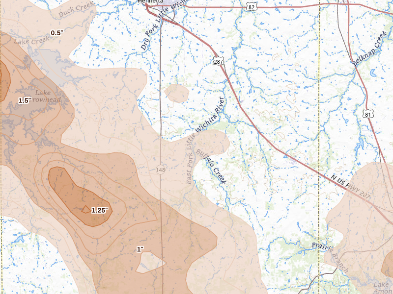 Radar-estimated hail-size map of the storm over Henrietta, TX on Apr 25, 2026