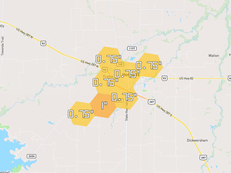 Hail map of Henrietta, TX on Jun 7, 2026, hail up to 1"