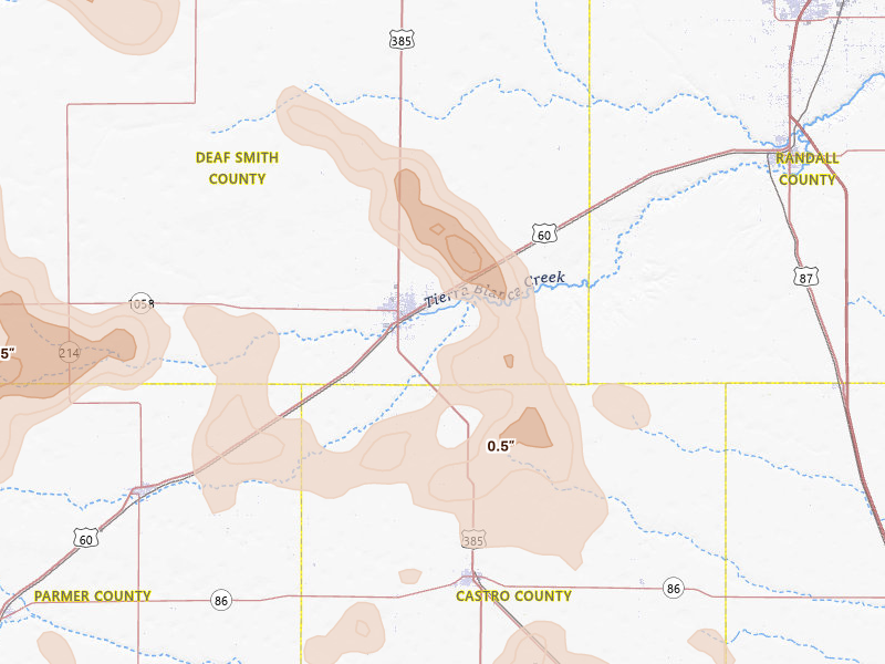 Radar-estimated hail-size map of the storm over Hereford, TX on May 23, 2026