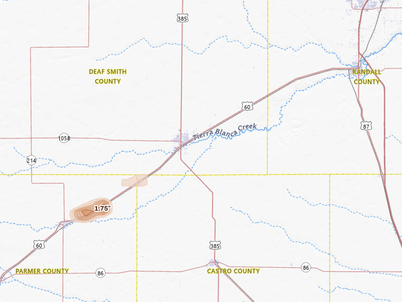 Radar-estimated hail-size map of the storm over Hereford, TX on May 30, 2026