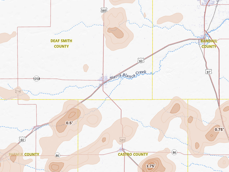 Radar-estimated hail-size map of the storm over Hereford, TX on Jun 24, 2026