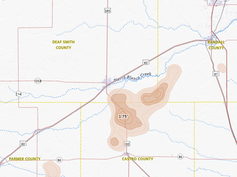 Radar-estimated hail-size map of the storm over Hereford, TX on Jul 4, 2026