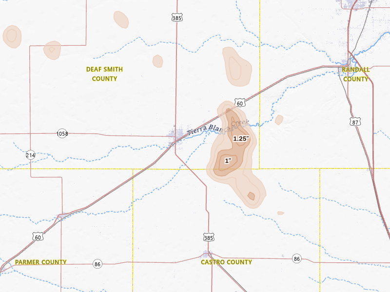 Radar-estimated hail-size map of the storm over Hereford, TX on Jul 5, 2026