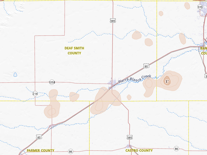 Radar-estimated hail-size map of the storm over Hereford, TX on Aug 20, 2026