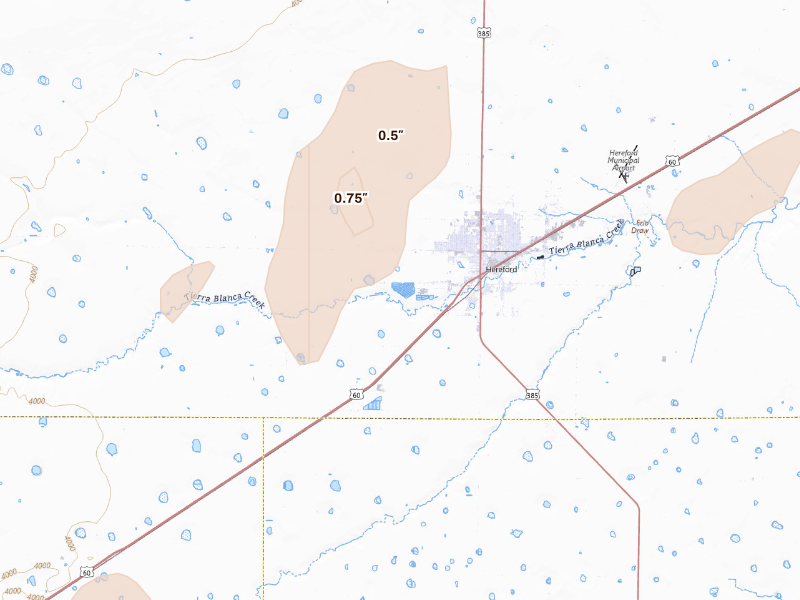Radar-estimated hail-size map of the storm over Hereford, TX on Sep 25, 2026