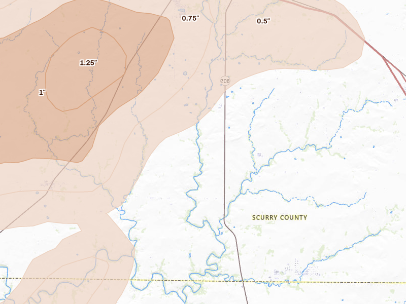 Radar-estimated hail-size map of the storm over Hermleigh, TX on May 22, 2026