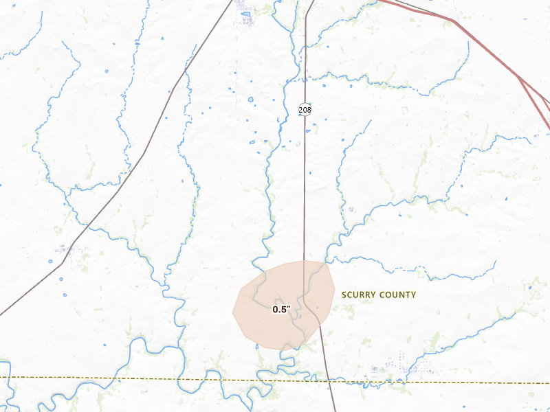 Radar-estimated hail-size map of the storm over Hermleigh, TX on Jun 19, 2026