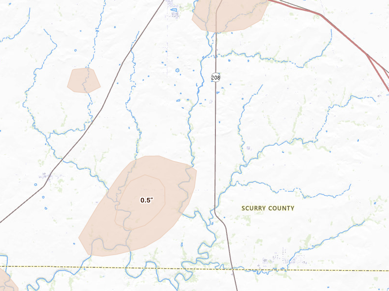 Radar-estimated hail-size map of the storm over Hermleigh, TX on Jul 5, 2026