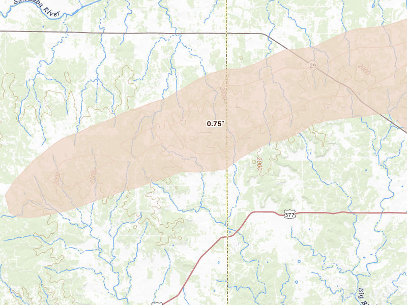 Radar-estimated hail-size map of the storm over Hext, TX on Apr 18, 2026