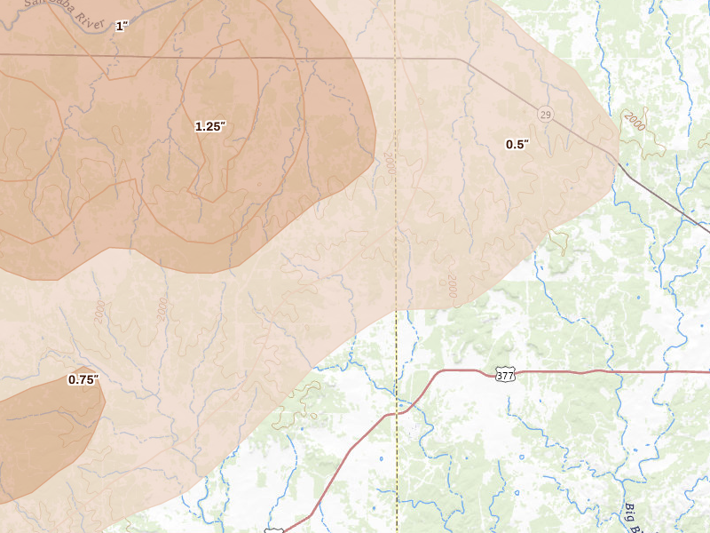 Radar-estimated hail-size map of the storm over Hext, TX on May 19, 2026