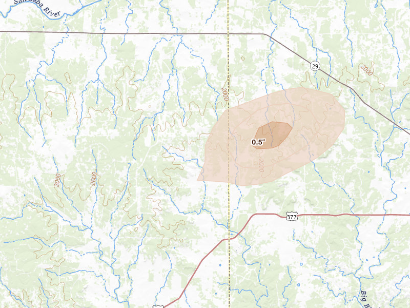Radar-estimated hail-size map of the storm over Hext, TX on Jun 2, 2026