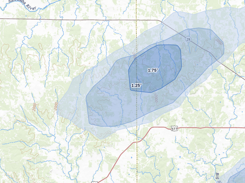 NEXRAD radar-signature map of the hail storm over Hext, TX on Jun 2, 2026