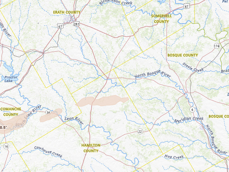Radar-estimated hail-size map of the storm over Hico, TX