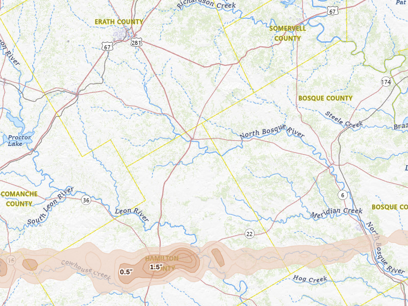 Radar-estimated hail-size map of the storm over Hico, TX on Apr 18, 2026