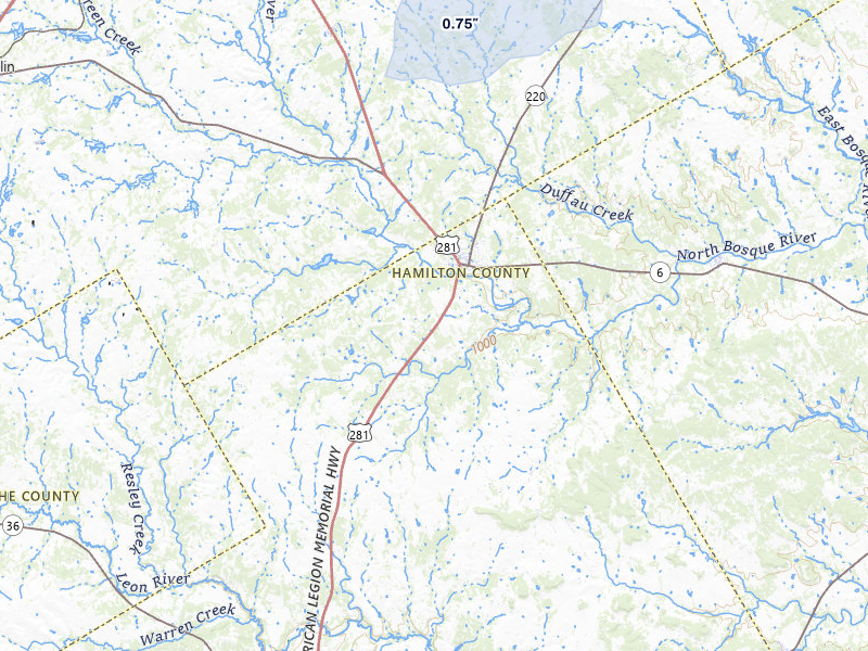 NEXRAD radar-signature map of the hail over Hico, TX