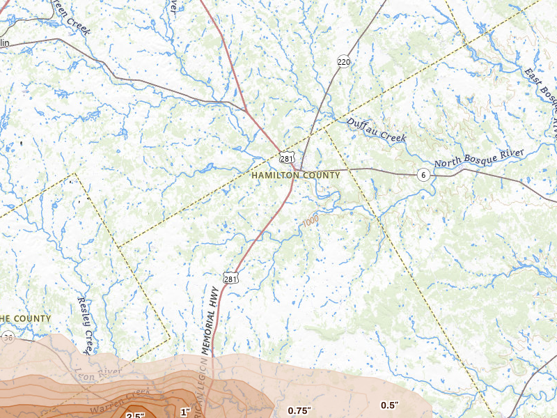 Radar-estimated hail-size map of the storm over Hico, TX on Apr 29, 2026