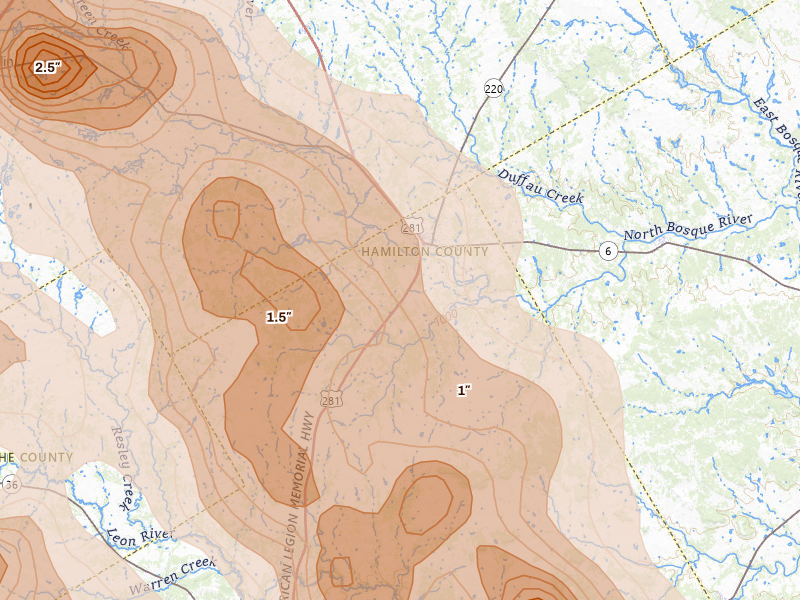 Radar-estimated hail-size map of the storm over Hico, TX on May 10, 2026