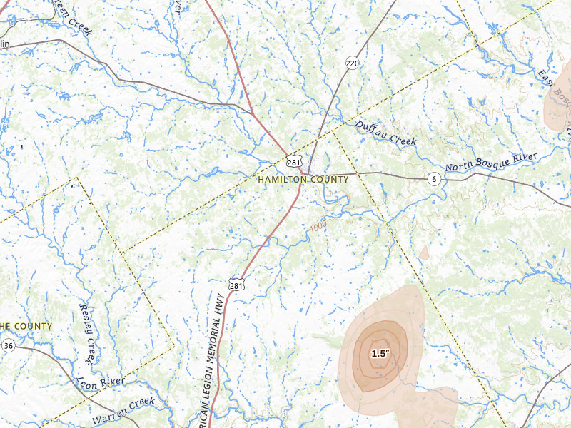 Radar-estimated hail-size map of the storm over Hico, TX on May 19, 2026