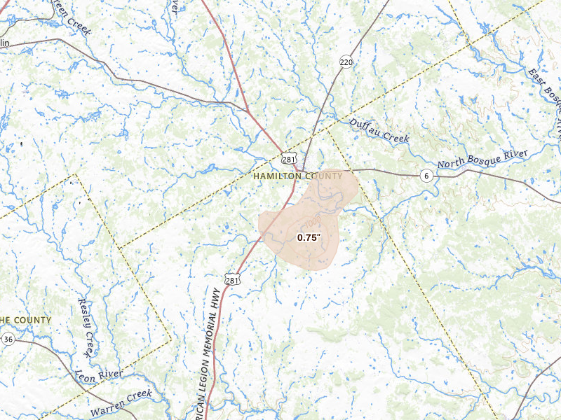 Radar-estimated hail-size map of the storm over Hico, TX on May 24, 2026