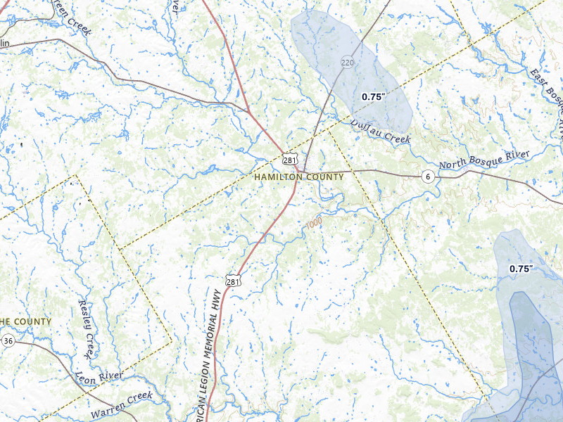 NEXRAD radar-signature map of the hail over Hico, TX