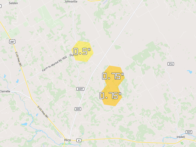 Hail map of Hico, TX on Jun 2, 2026, hail up to 0.75"