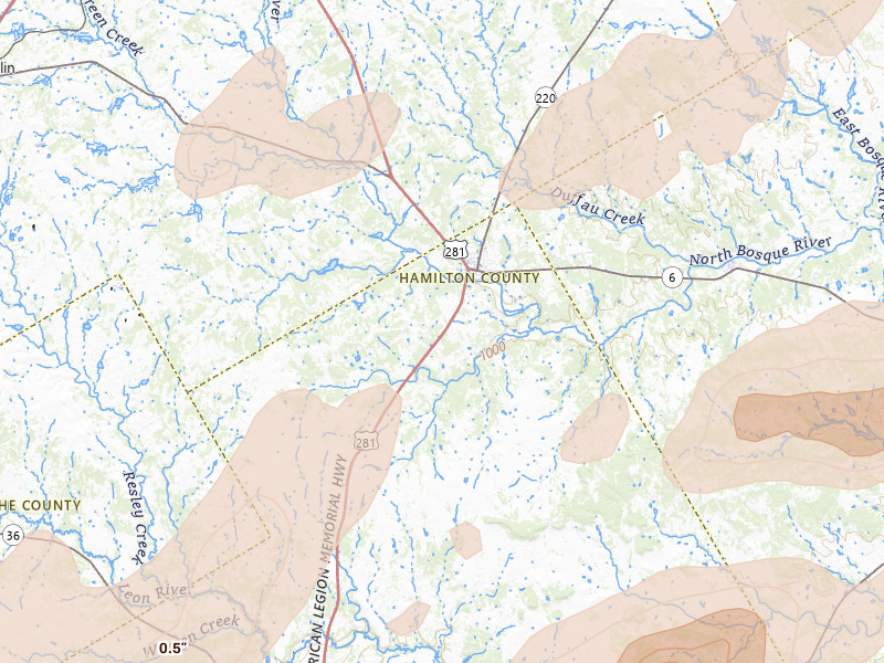 Radar-estimated hail-size map of the storm over Hico, TX on Jun 6, 2026