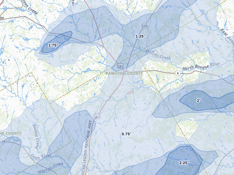 NEXRAD radar-signature map of the hail storm over Hico, TX on Jun 6, 2026